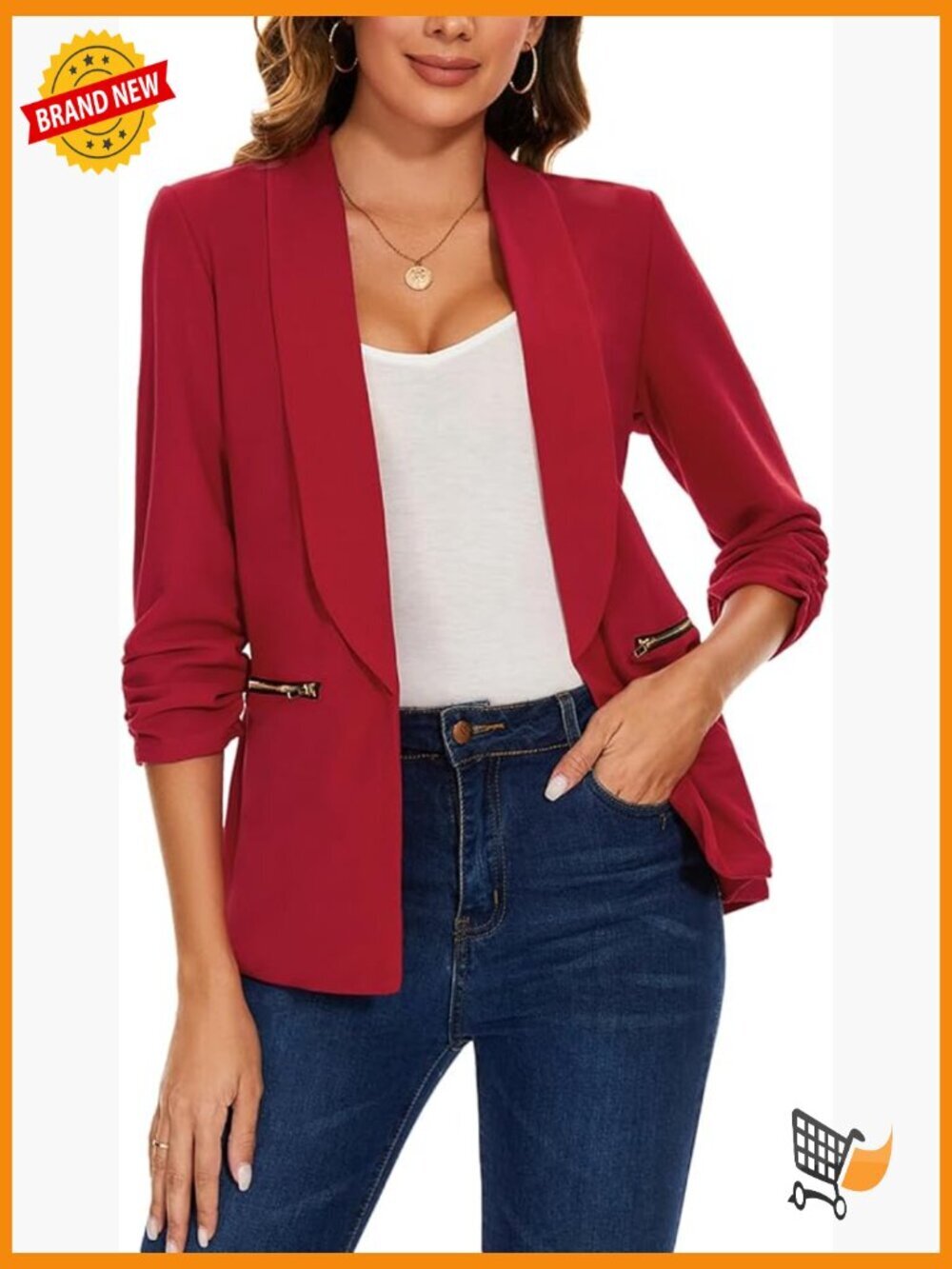 Women's Casual Blazer 3/4 Ruched Sleeve Open Front Cardigan Suit Jacket with
